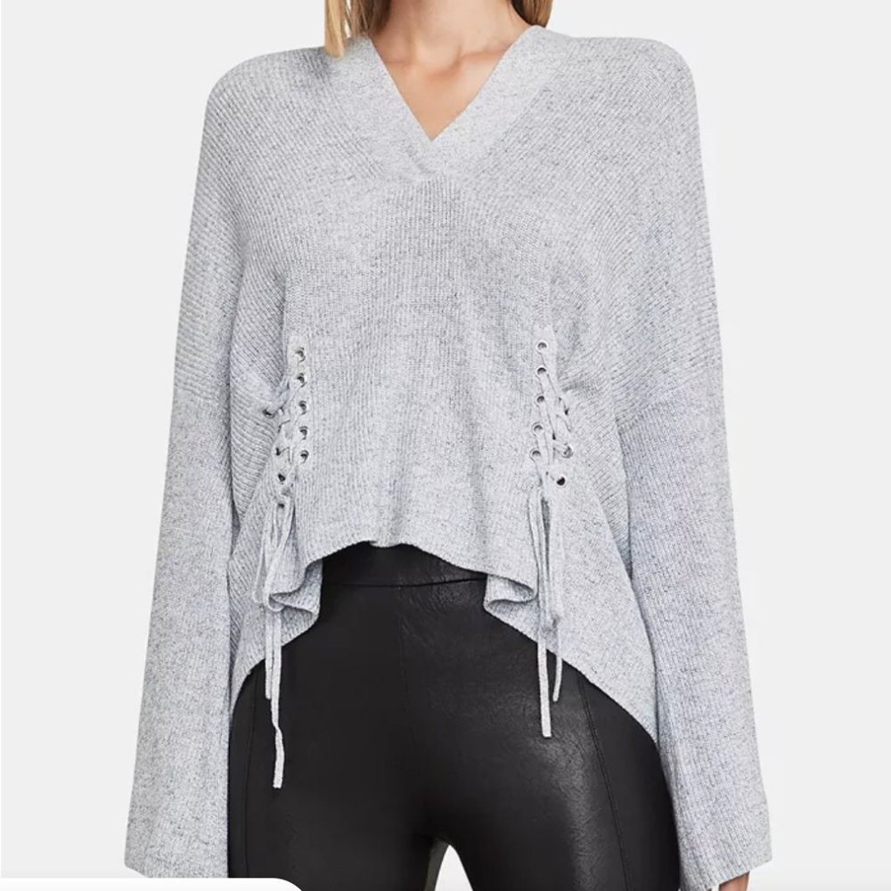 BCBGMaxAzria gray longsleeve hooded lace up hoodie sweater medium